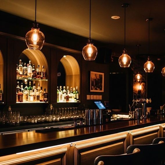 Stimmungsvolle Bar mit beleuchteten Flaschenregalen und hängenden Lampen